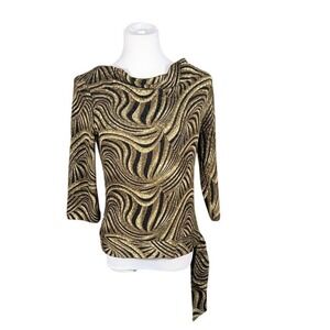 Birch Hill Womens Small Gold Black Swirl Boat Neck Side Tie 3/4 Sleeve Blouse